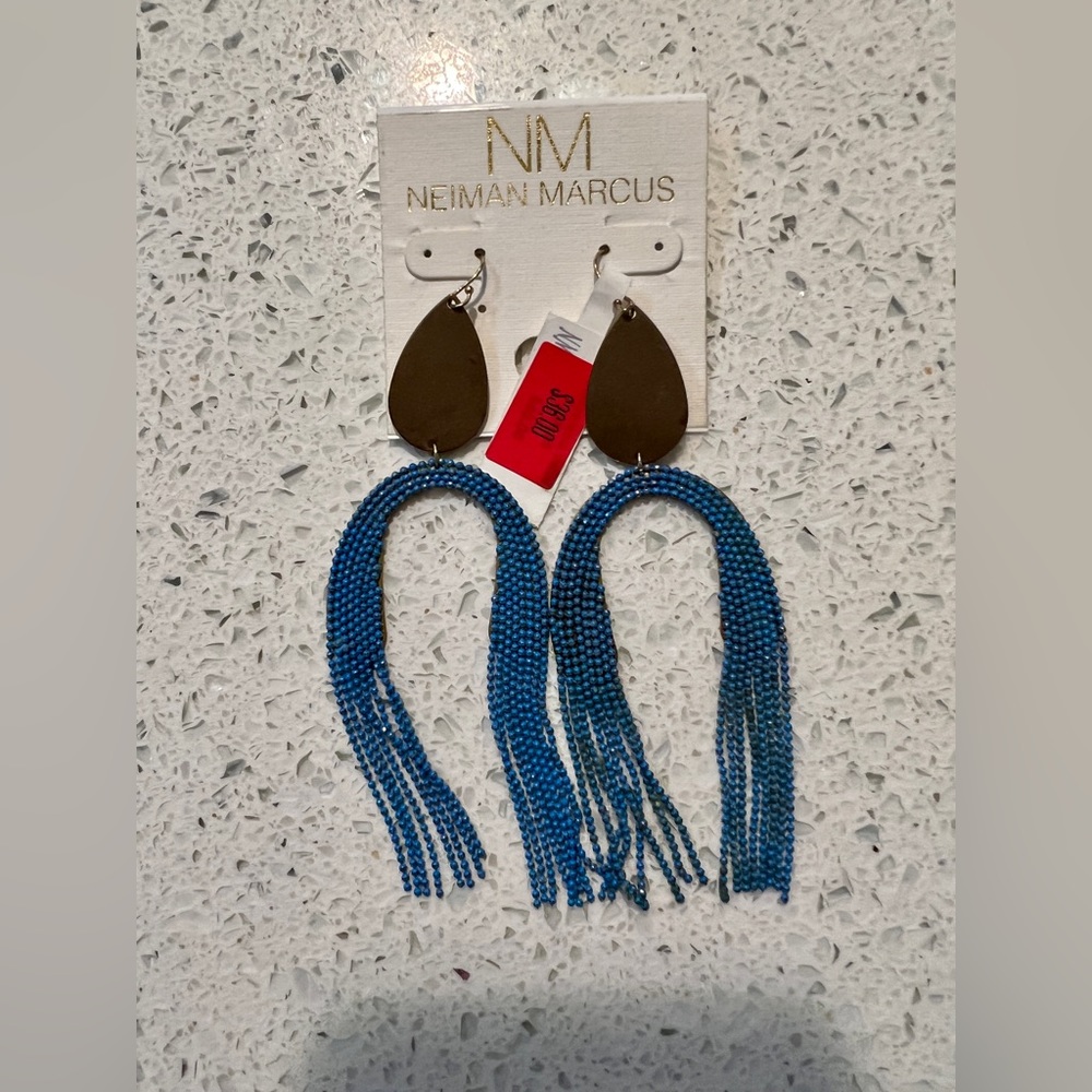 NWT Neiman Marcus Blue with Gold Accents Dangly Earrings